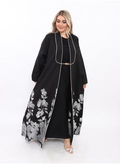 Buy Abaya woven from burpee crepe with a pointed collar and embroidery underneath with a wrap in Saudi Arabia