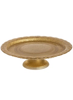 Buy round glass serving plate with base 32 cm gold color in Saudi Arabia