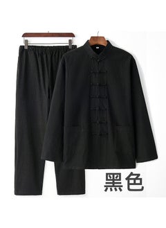 Buy Mens Cotton-Linen Tang Suit Set Autumn Black in UAE