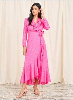 Buy Dobby Textured Ruffle Detail A-Line Maxi Dress in Saudi Arabia