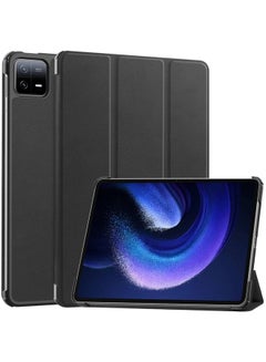 Buy Case Cover For Xiaomi Pad 6 / 6 Pro Custer Solid Color 3-Fold Stand Leather Smart Tablet Case Black in UAE