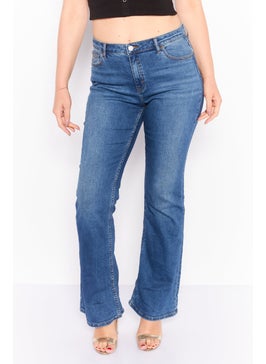 Buy Women Bootcut High Rise Wide Leg Stretch Jeans, Navy in UAE