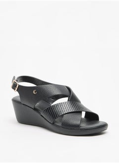 Buy Women Textured Cross Strap Sandals with Wedge Heels and Buckle Closure in UAE