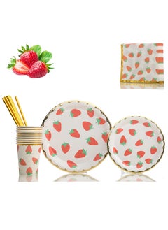 Buy Strawberry Party Tableware Set, Party Decorations Disposable Dinnerware Set Including Plates,Napkins,Straws and Cups for Fruit Theme Birthday Party Table Decoration Supplies,Serves 10 Guest in Saudi Arabia