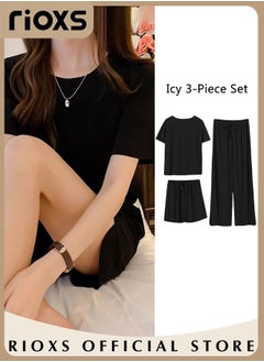 Buy Women's 3pcs Ice Silk Pajamas Set Solid Color Short Sleeve Shirt with Shorts and Loose Pants for Sleepwear in UAE