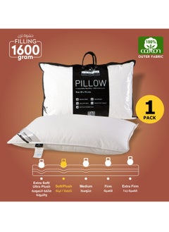 Buy Single Hotel Cotton Pillow Shell Double Edge Stitched Premium Gel Fiber 1600 gms Filling 50x75 Soft Loft,White in UAE