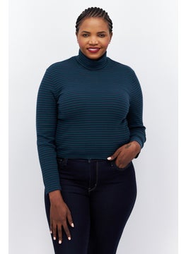 Buy Women Plus Size Turtle Neck Long Sleeves Striped T-Shirt, Green/Black in UAE