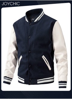 Buy Classic Men's  Spring Autumn and Winter Baseball Uniform Woolen Pu Sleeve Casual Jacket Warm Outwear for Men Youth Teenager Dark Blue+White in Saudi Arabia