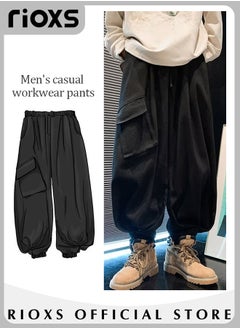 Buy Men's Fashion Loose Cargo Pants Loose Leg Hanging Pants Elastic Waist Downstring Jogger Pants With Large Pockets in Saudi Arabia