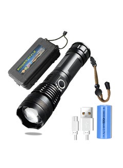 Buy Portable Rechargeable Handheld Flashlight with Box, Thermostat Chip Super Bright LED Flashlight, Waterproof Zoomable 1500 Lumens Tactical Flashlight, High Power Battery Included in UAE