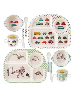 اشتري Bamboo Fiber Baby Dinnerware Set, Food Plate Bowl Cup Spoon Fork Set Dishware, BPA Free Dishwasher Safe Cartoon Tableware for Kids, Set of 5 Pcs, Car Pattern في الامارات