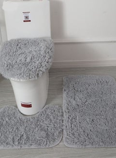 Buy Set of 3pcs Plush Bathroom Bath Mat Grey Color Anti Slip Toilet Rugs and Toilet Lid Cover in UAE