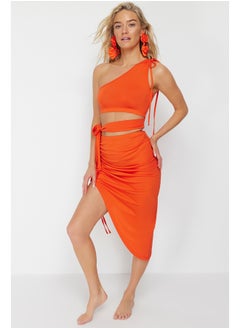 Buy Orange Fitted Knitted Gathered One Shoulder Blouse Skirt Set TBESS22AU0224 in Egypt