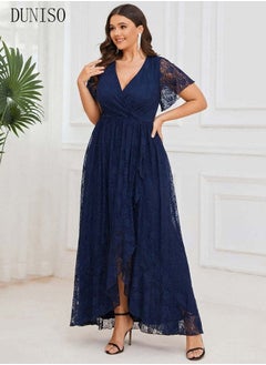 اشتري Elegant Womens Evening Dress Lace V Neck Long Dress for Wedding Party Short Sleeve Dresses Womens Banquet Party Dress Bridesmaid Dress في السعودية