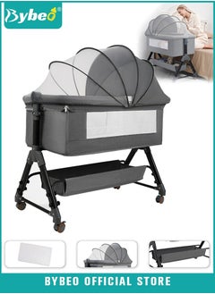 Buy 4Pcs Bedside Baby Crib, Portable Folding Babies Bassinet with Mosquito Net, Mattress, Diaper Changing Station, and 360° Swivel Wheels, Height Adjustable Nursery Bed for Infant Newborn in UAE