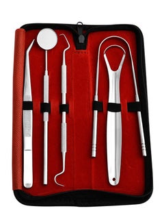 Buy Dental Oral Tools - Plaque Remover for Teeth - Professional Dental Hygiene Cleaning Kit 5-Pcs Tongue Coating Cleaning Tool, Oral Tool Set Red/Silver in UAE
