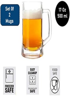 Buy Crystal Clear Beer Mugs For Men 17 Oz, Beer Mugs For Freezer 500Ml, Glass With Handle For Drinking, Pub Drinking Mugs Stein Gift For Man (Mug (Set Of 2)) in UAE