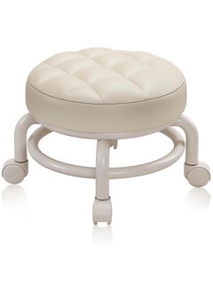 Buy Round Rolling Low Stool- PU Leather Low Stool 360° More Comfortable Swivel with Thickened Sponge Cushion for Nail Salon, Pedicure, SPA and Home (Beige) in UAE