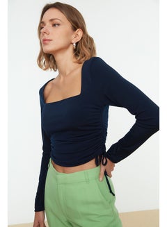 Buy Navy Blue Square Collar Shirring Detail Fitted/Slippery Knitted Blouse with Crop TWOAW22BZ0263. in Egypt