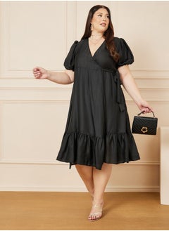 Buy Tiered Midi Wrap Dress with Puff Sleeves in Saudi Arabia