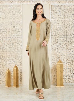 Buy Embroidered Neck Textured Jalabiya in Saudi Arabia