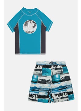 Buy Kids Boys 2 Pieces Printed Swimwear Set, Blue/White Combo in UAE