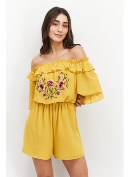 Buy Women Off Shoulder Embroidered Playsuit, Yellow Combo in UAE