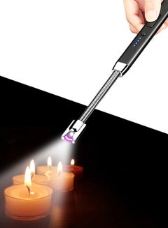 اشتري Electric Lighter Candle Lighters USB Rechargeable Arc Lighter with Hanging Hook LED Battery Display with LED Lighting Long Lighters for Candle Grill BBQ Home Outdoor Silver في الامارات