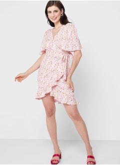 Buy Floral Printed Ruffle Detail Wrap Dress in Saudi Arabia