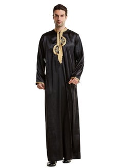 Buy Mens Stand Collar Embroidery Long Sleeve Kaftan Robe With Pockets And Button Islamic Arabic Abaya Black in Saudi Arabia