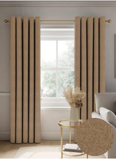 Buy Casableu Herringbone Texture 2 Piece Polyester Eyelets (Steel) Blackout Curtains with Tie Back, Bedroom Living Room (Coffee, 7 Ft x 4.2 Ft) in UAE