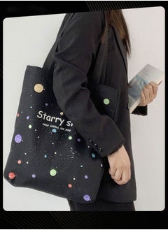 Buy New Style Foldable Canvas Bag Graphic Printed Large Capacity School Shoulder Bag Lightweight Daily Tote Black in UAE