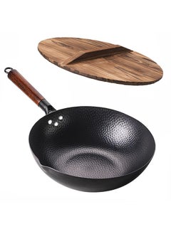 Buy Carbon Steel Wok Pan - 32cm Woks and Stir Fry Pans with Lid, No Chemical Coated Wok Pan for Electric, Induction & Gas Stoves, Nonstick Iron Wok and Stir Fry Pan with Detachable Wooden Handle in UAE