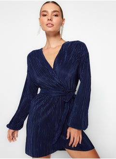 Buy Navy Blue Belted A-Cut Lined Pleated Knitted Short Elegant Evening Dress TPRAW24EL00108 in Egypt