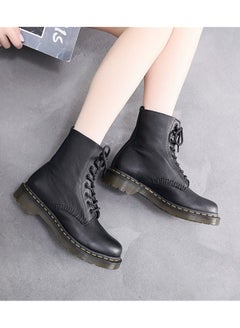 Buy Soft Cowhide British Leather Round Toe Boots Black in UAE