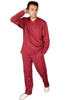 Buy Jet Men Winter Pajama Set Printed Top V Neck & Plain Bottom -Burgundy in Egypt