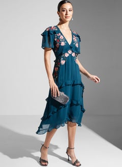 Buy Plunge Neck Embroidered Ruffle Detail Dress in UAE
