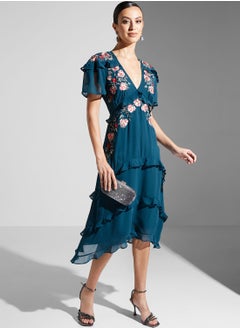 Buy Plunge Neck Embroidered Ruffle Detail Dress in UAE