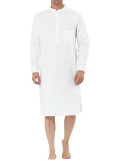 Buy Men's Muslim Stand Collar Robe Thobe Solid Color Long Sleeve Kaftan Casual Shirt White in UAE