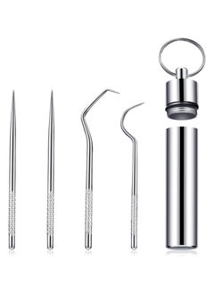 اشتري 4 pcs/set Portable Stainless Steel Pocket Set Reusable Metal Toothpicks, Holder for Outdoor Picnic Camping Traveling Supplies في مصر