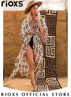 Buy Women's Summer Fashion Printed Print Kimono Casual Open Front Cover up Long Cardigan Loose Beach Swimsuit Cover up in UAE