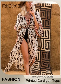 Buy Women's Summer Fashion Printed Print Kimono Casual Open Front Cover up Long Cardigan Loose Beach Swimsuit Cover up in Saudi Arabia