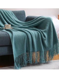 اشتري Tassel Design Knitted Textured Soft Throw Blanket Keep Warm Bluish Green في الامارات