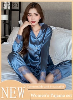 Buy 2-piece Women' s Pajama Set Silk Satin Long Sleeve Sleepwear with Button Classic Loungewear Nightwear Notch Neck Shirt and Waist Elastic Pants with Lace Pajama Set for Women in UAE