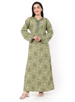 اشتري PRINTED AND FRONT LACE EMBROIDERED MODEST ARABIC KAFTAN CASUAL JALABIYA DRESS في السعودية