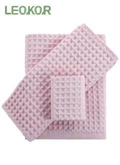 اشتري 3 Sizes Towel Set Quick Dry Ultra Soft Light Weight and Absorbent Waffle Towel Pink في السعودية