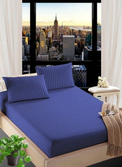 اشتري Navy Blue Double Size Striped Bed Sheet Set Cotton 150x200+25cm في الامارات