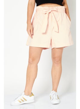 Buy Women High Rise Solid Belted Shorts, Pink in UAE