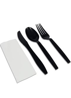 Buy [50 Pack] Black Plastic Cutlery Set with Napkin Knife Fork Spoon Napkin Set Disposable Cutlery Set in UAE