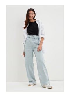 Buy Petite Lightwash Denim Wide Leg Belted Jeans in UAE